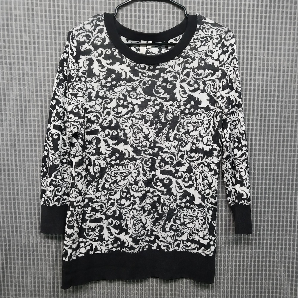Madison Womens Sweater Damask Floral Knit 3/4 Sleeve XL Black White
